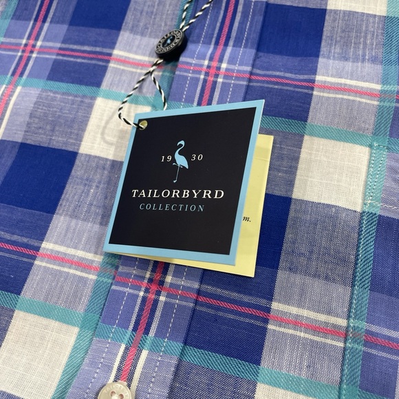 NWT TailorByrd Collection Blue Plaid Short Sleeve Button Up Shirt - Picture 5 of 6